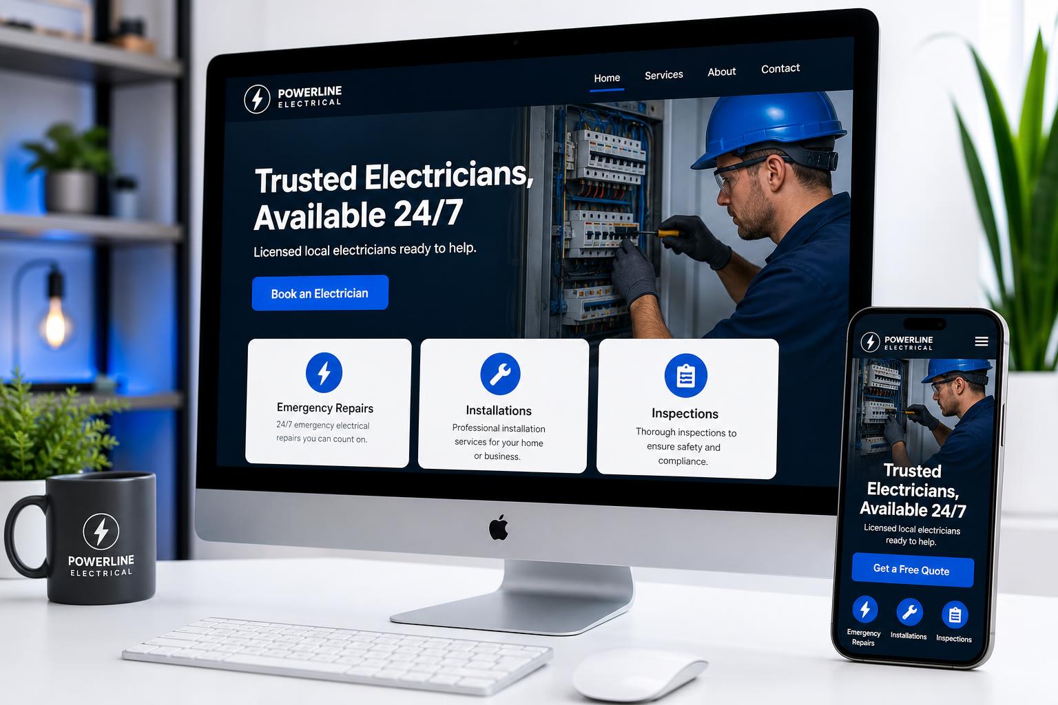 Electrician website displayed on an iMac and iPhone